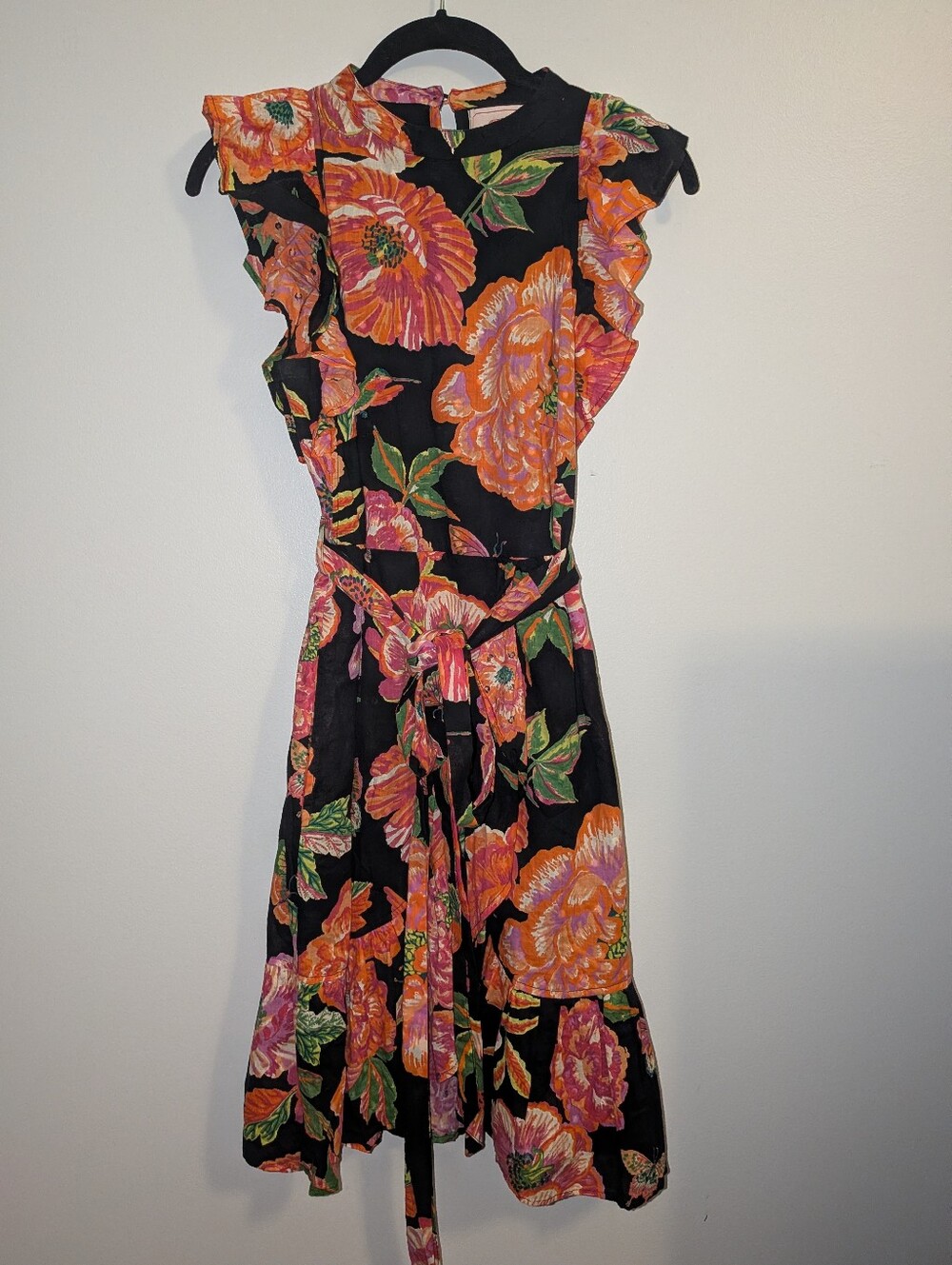 Banjanan Carra Floral Tie-Waist Ruffle Dress Blk/pink/Orange Size XS 100% Cotton